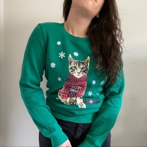 SOLD- Green Christmas Kitten Crew Neck Sweatshirt - S